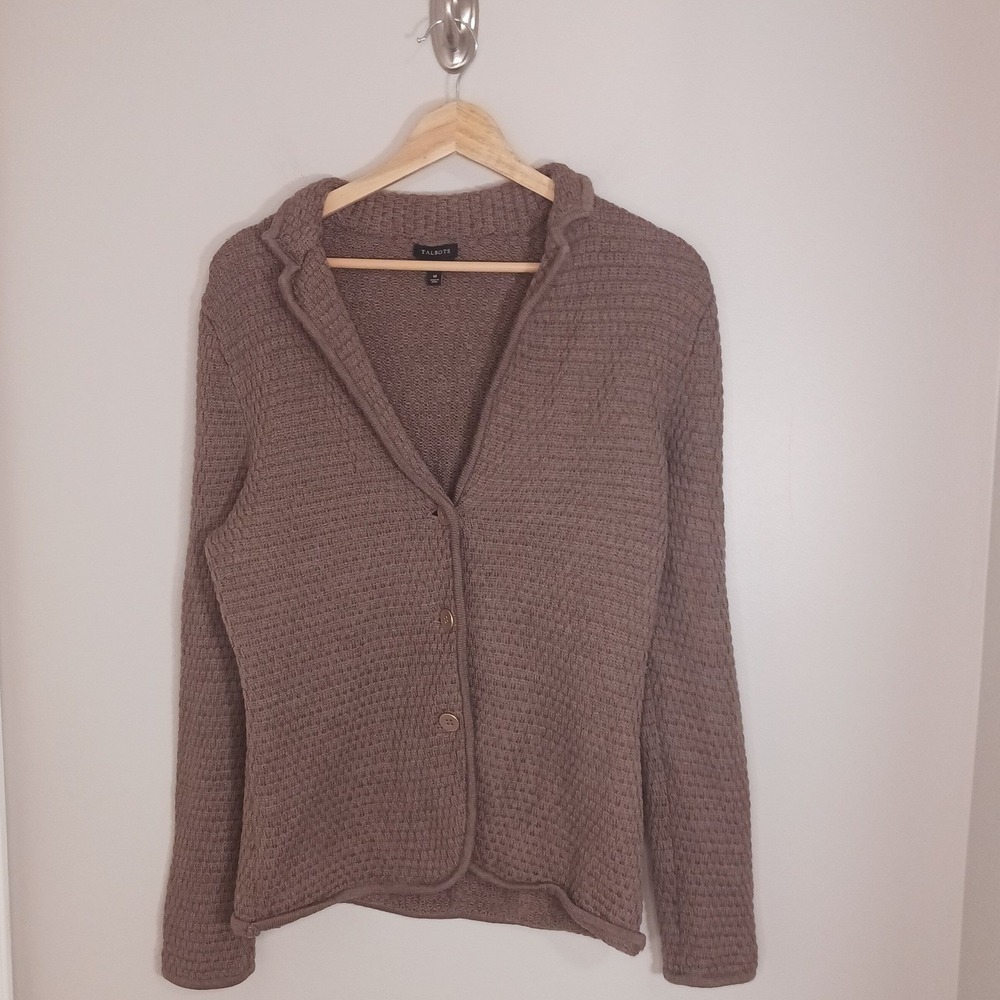 Talbots 100% Merino Wool Cardigan Sweater Womens Medium Brown Button Front Knit
